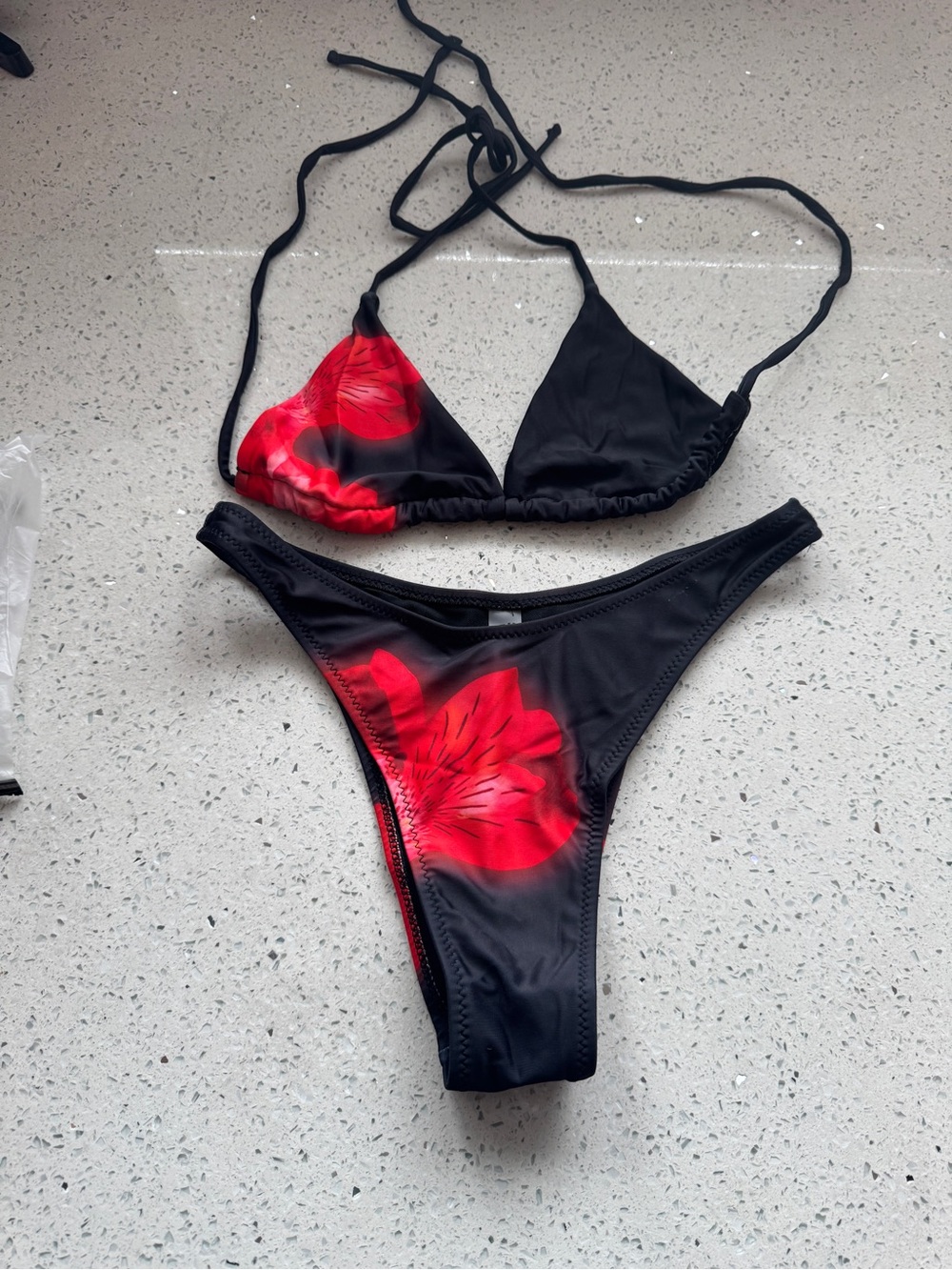 Shein Black Bikini Set with Red Floral Accent